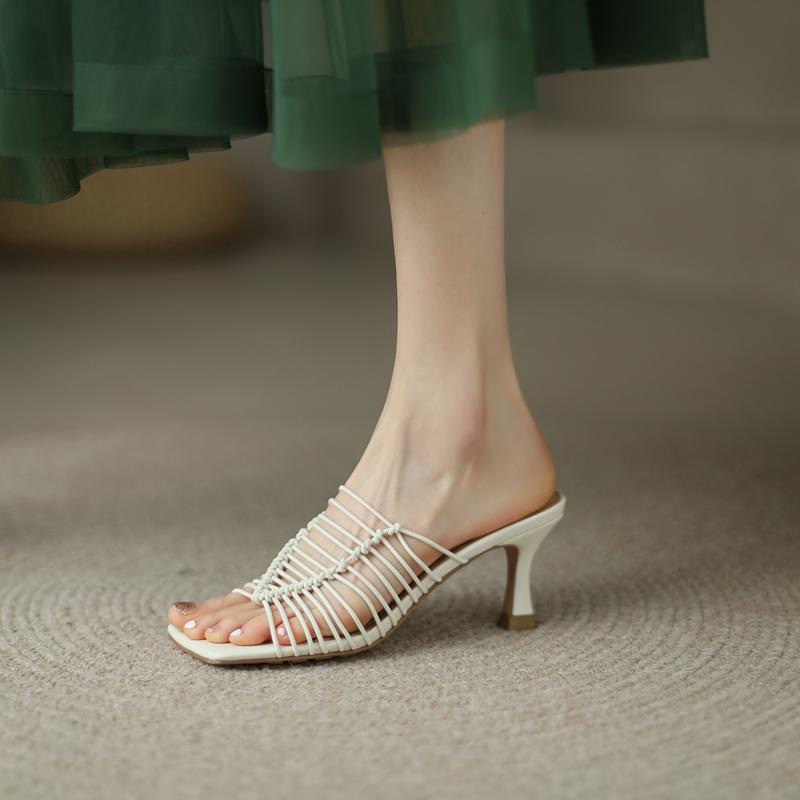 Fashion Women's New Summer Square Head Knitted Open Toe Leather Sheepskin High Heel Large Size Slippers