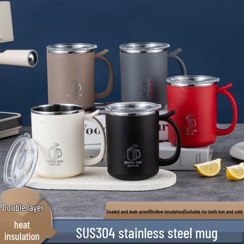 Stainless Steel Double-Layer Mug with Lid - Dust & Drop-Proof, Anti-Scald, for Home, Office & Dorm Use.