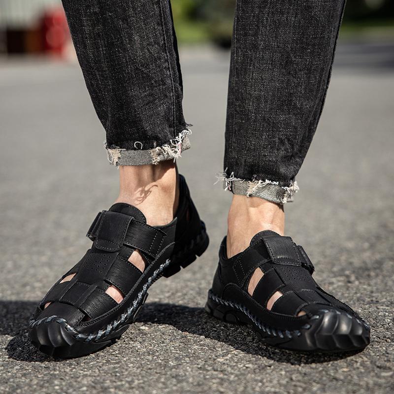Summer Men's Closed Toe Large Size Genuine Leather Casual Sandals Mens Closed Toe Sandals