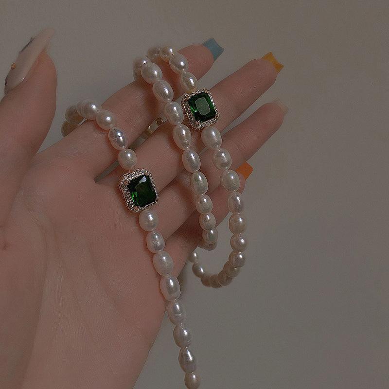 New Rice Grain Freshwater Pearl Emerald Necklace Dongdaemun Fashion Necklace Temperament Micro-inlaid Zircon Bracelet