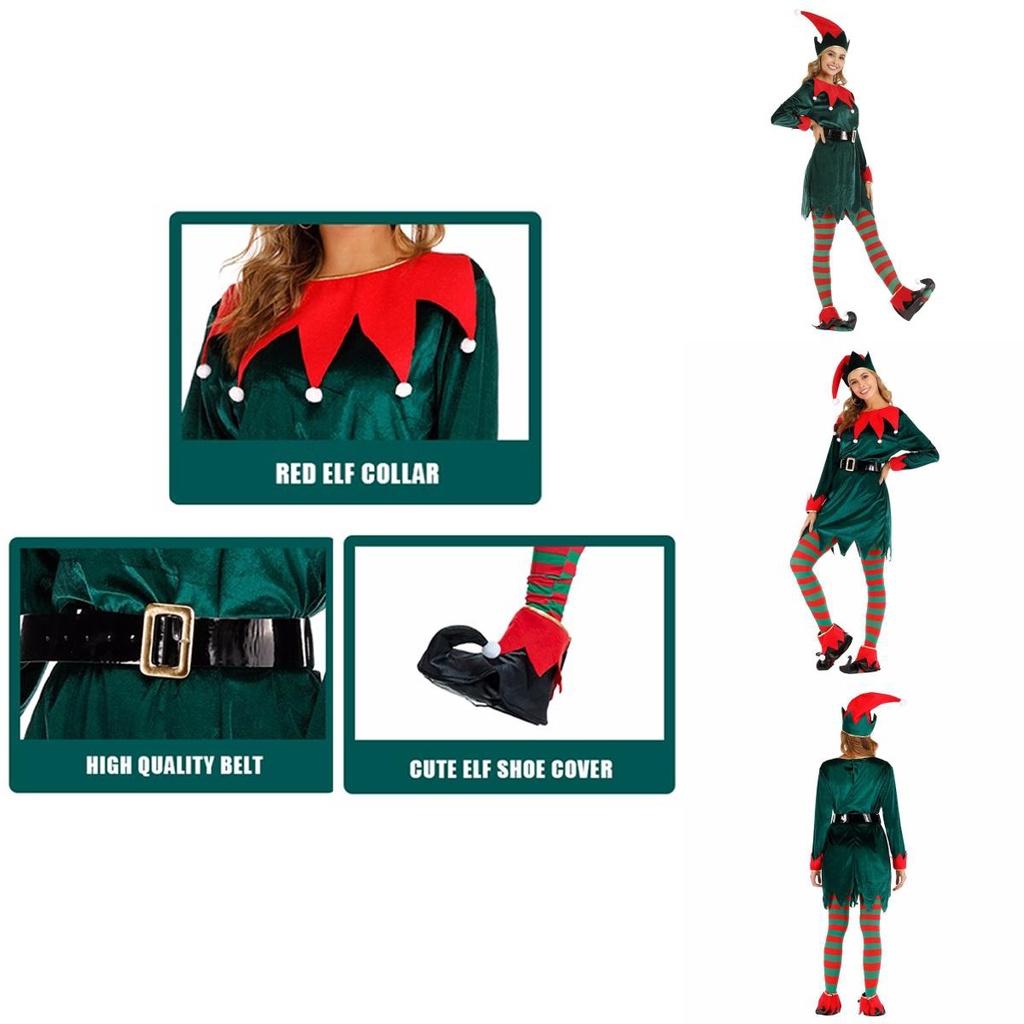 Kadın Yılbaşı Elf Kostümü Kadife Cosplay Kostümü Çanlarla
