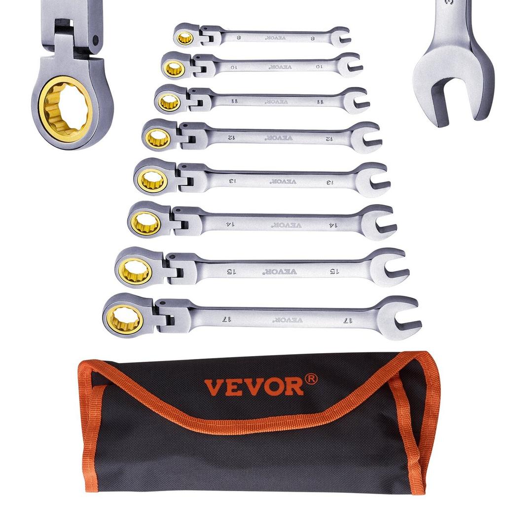 Flex-Head Ratcheting Wrench Set 8 PC Metric 8 mm-17 mm with Roll-up Pouch
