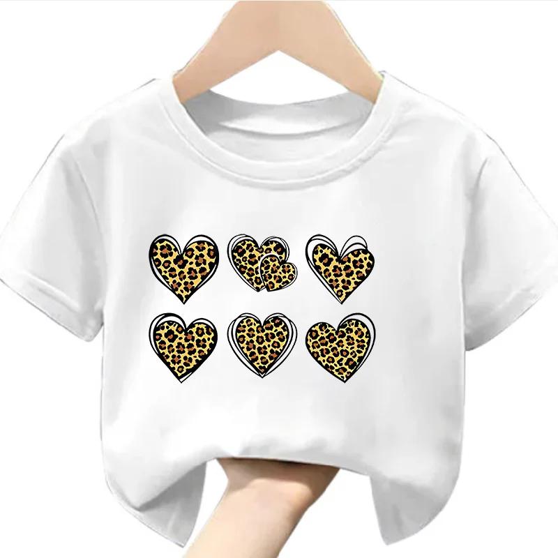 Love Heart Print Three-heart Print Short-sleeve Girls' Round Neck T-shirt Children's Clothing