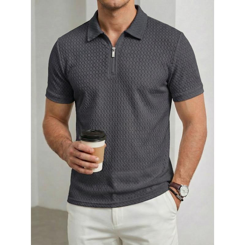 High-end Stretch T-shirt: Men’s Collared, Zipped, Short-sleeved Checked Jacquard Casual Polo Shirt