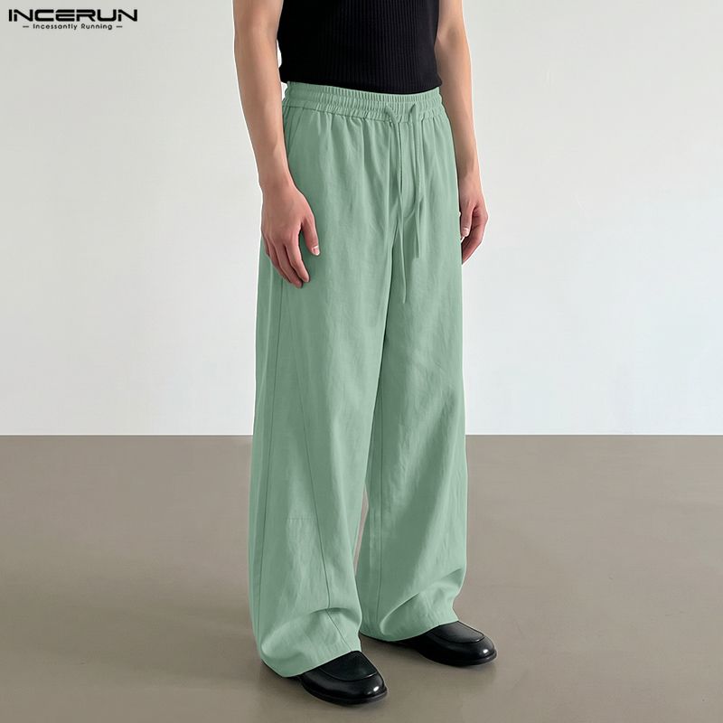 INCERUN Men's Casual Elastic Waist Wide-Leg Pants Loose Streetwear Baggy Long Trousers