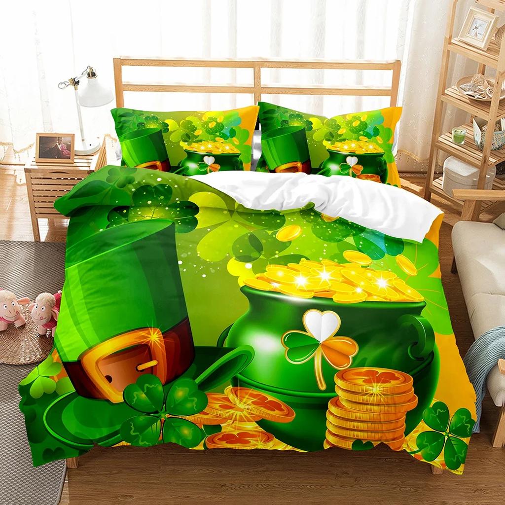 Happy St Patrick's Day Duvet Cover Set Plant Clover Bedding Set Green Lucky Leaf Quilt Cover Botanical Leaves Bedspread Cover