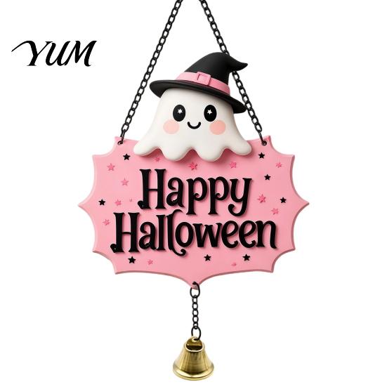 Festive Entrance Hanging Bell Halloween Cute Witch Hat Ghost Door Sign, Wooden Decoration, Decorative Skull Doorbell Pendants for Indoor Outdoor Home