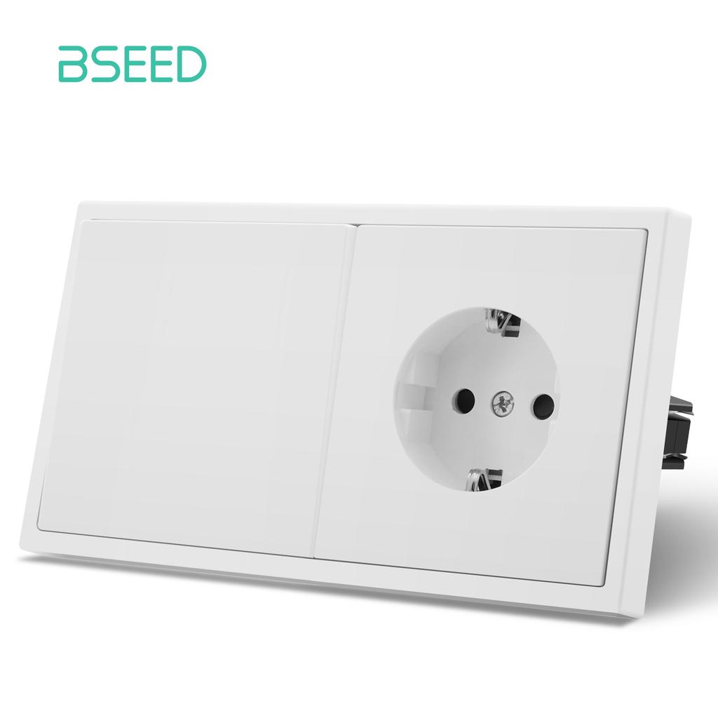 BSEED 1/2Gang Mechanical Light Switches Large Buttons 1Way With EU Socket 2USB Charging Ports Plastic Panel No LED Light White