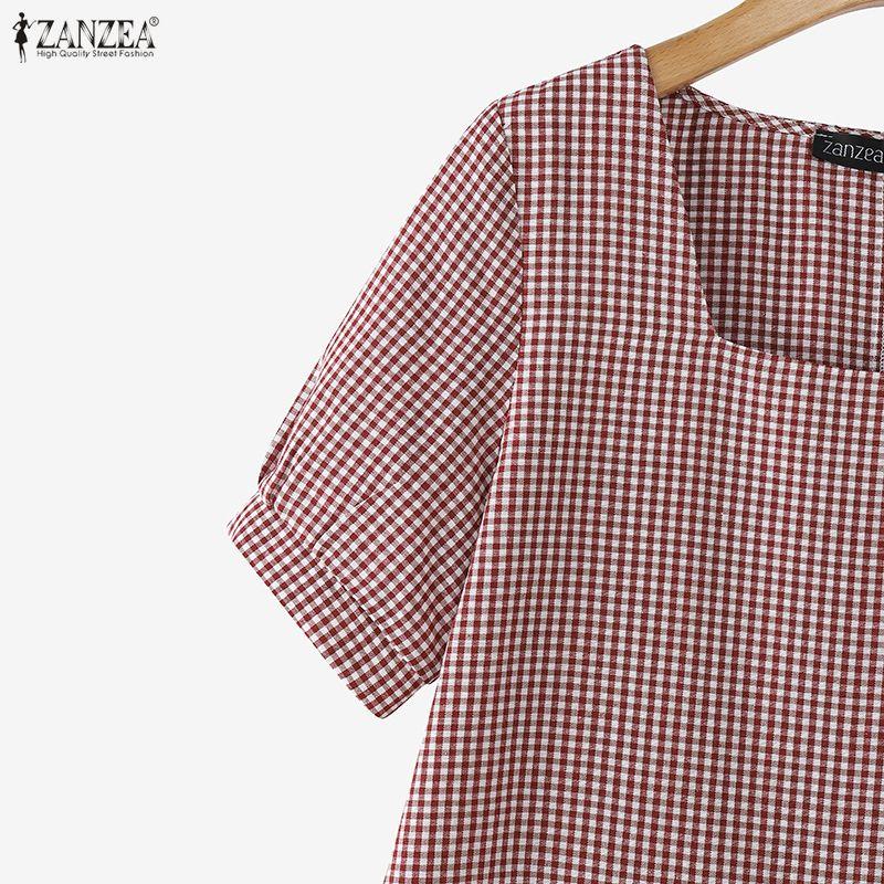 ZANZEA Women Casual Square Collar Short Sleeve Grid Print Dress