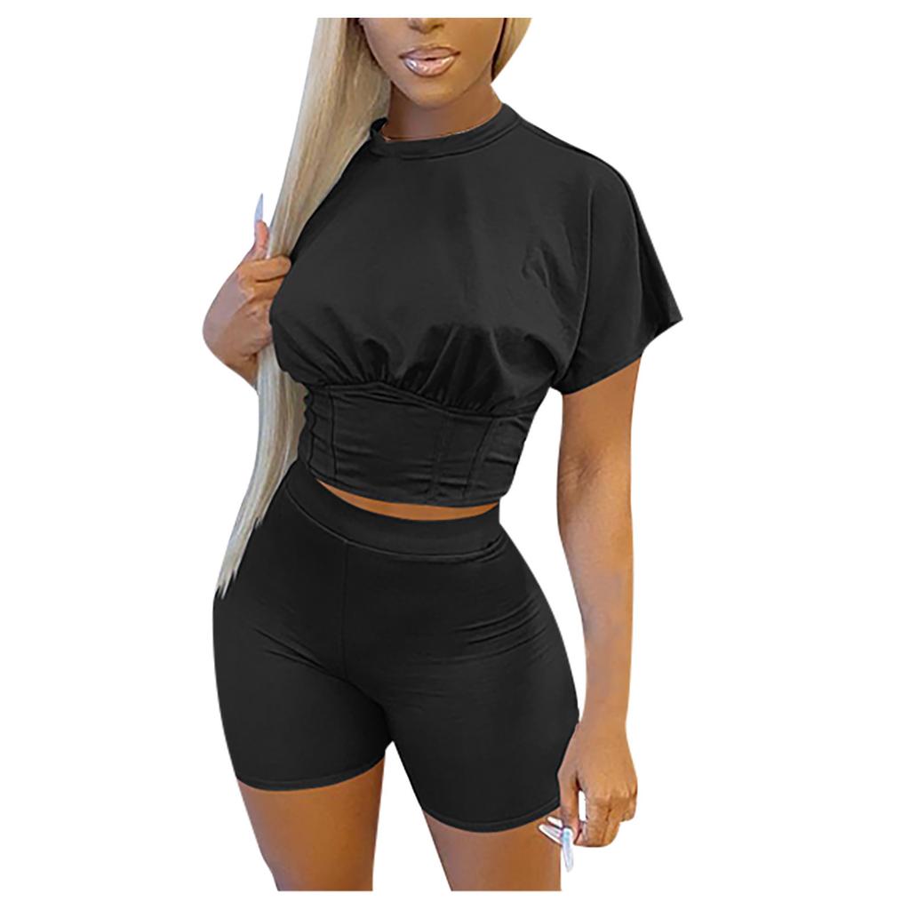 Womens Tracksuits  Color Sports Waist Set Short Sleeve Tops Shorts Set