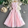 Summer New Sleeveless White Spliced Tulle Satin Maxi Dress Women‘s O Neck Slim Waist Ruched A Line Formal Wedding Evening Party Dress