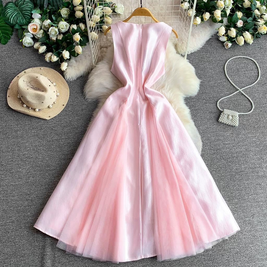 Summer New Sleeveless White Spliced Tulle Satin Maxi Dress Women‘s O Neck Slim Waist Ruched A Line Formal Wedding Evening Party Dress