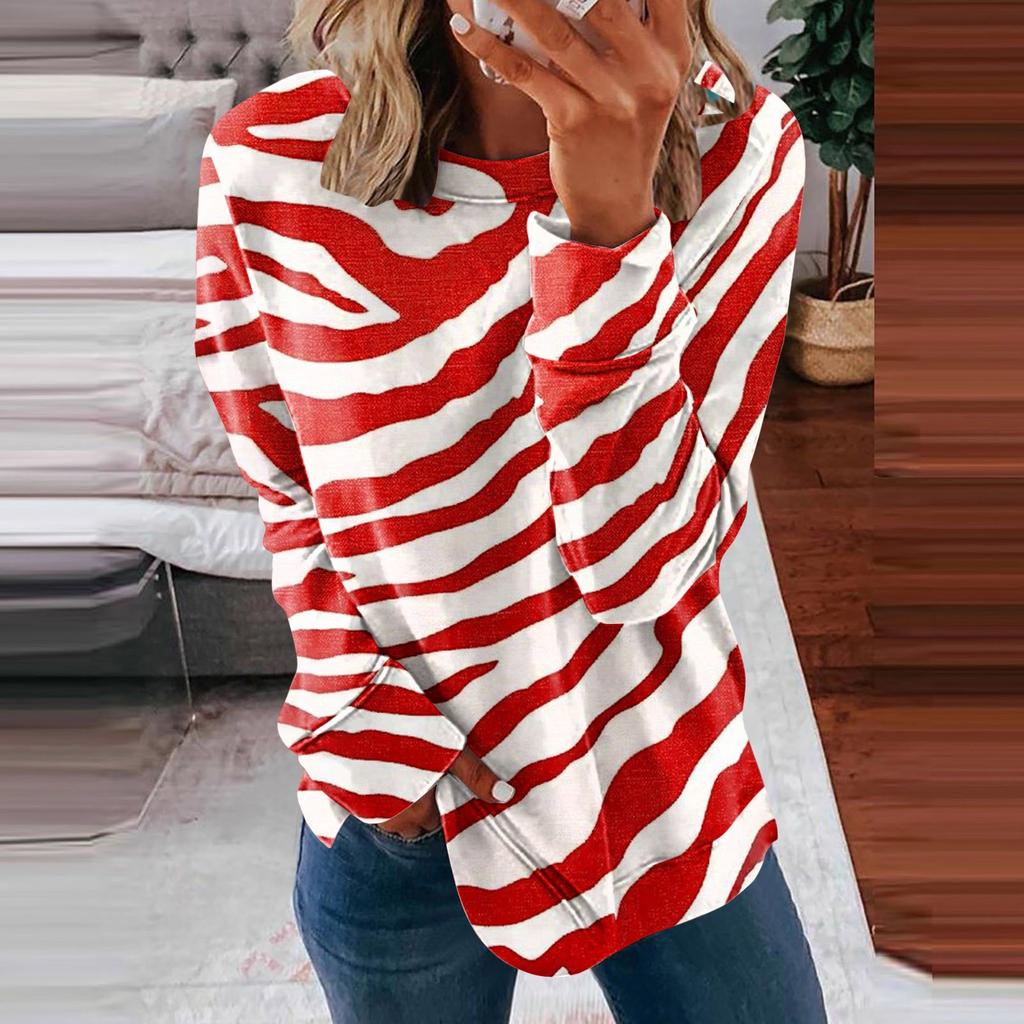 Women's Casual Fashion Print Long Sleeve O-Neck Pullover Top