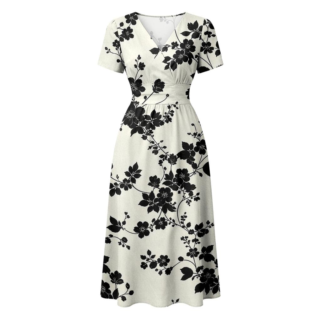 Women's Fashion Casual V Neck Waist Cinched Floral Print Short Sleeve Midi Dress for Everyday Wear and Outdoor Activities