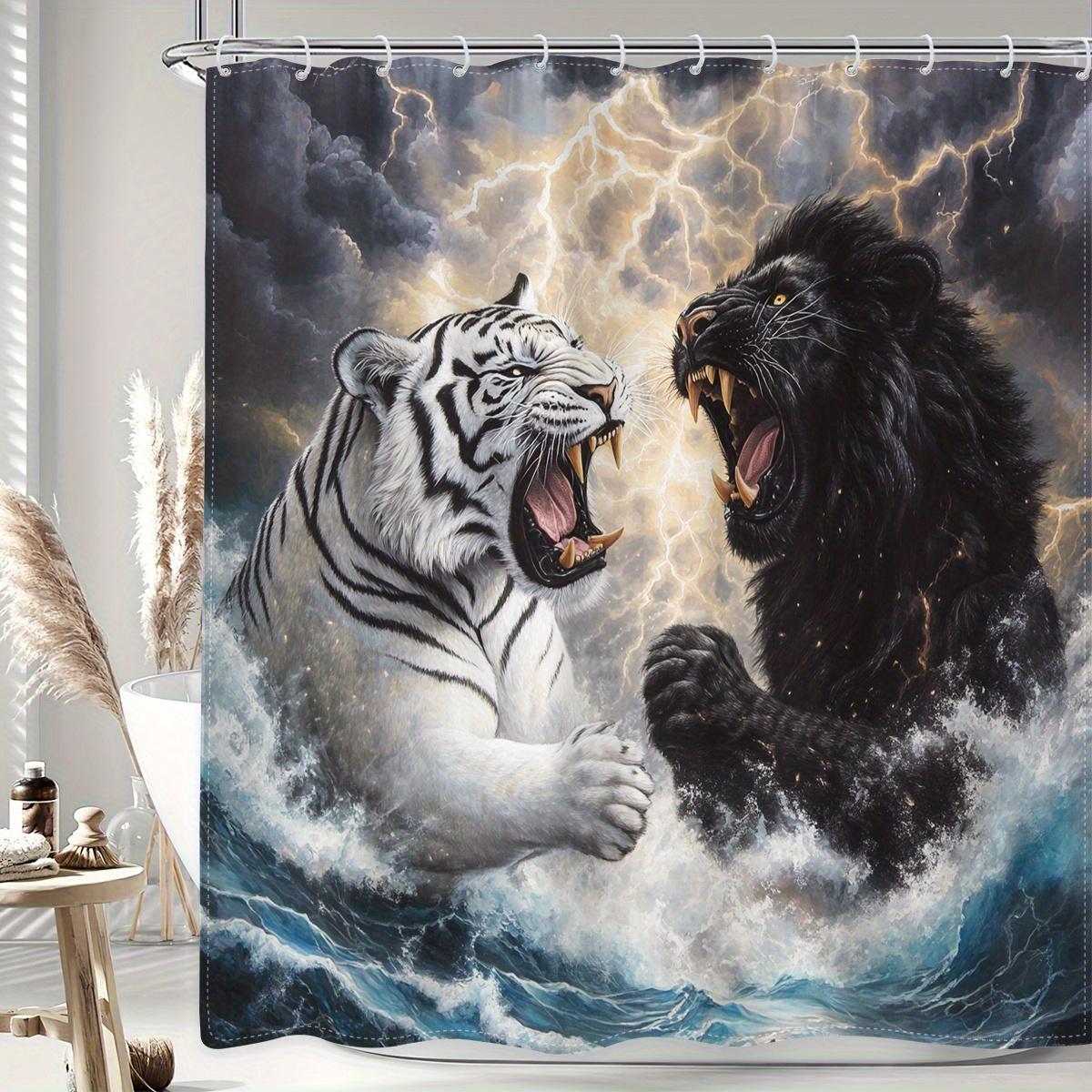 

1Pc Ferocious Tiger And Lion Themed Digital Printed Shower Curtain - Polyester Fabric With Hooks, Realistic Wildlife Battle Desi W60H190(CM)-1 Pcs