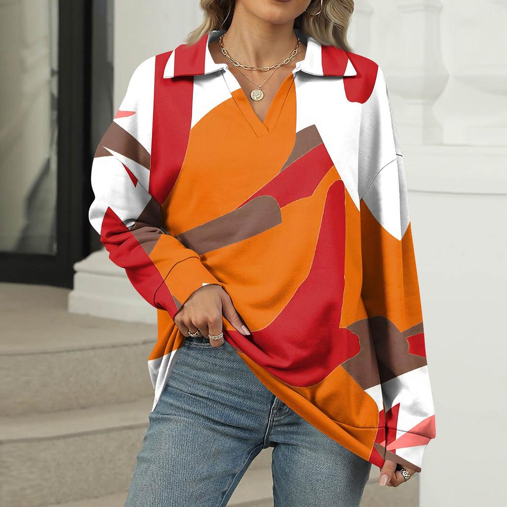 Women's Summer Fashion Casual  Printed V-Neck Long Sleeve Shirt Top