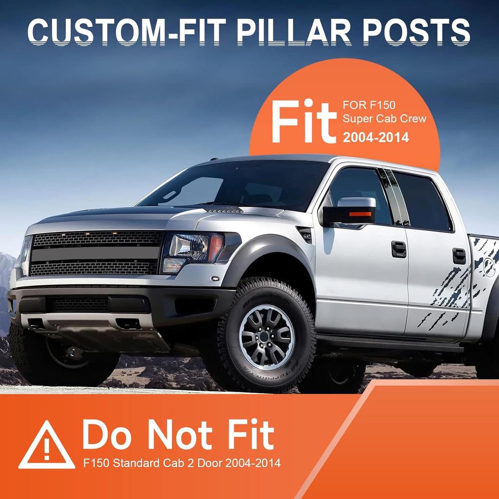 ACLONG Pillar Posts Door Window Trim Glossy Black Stainless Steel Compatible with Ford F-150 Super Cab Crew Lincoln Mark LT 2004-2014, Anti Scratch
