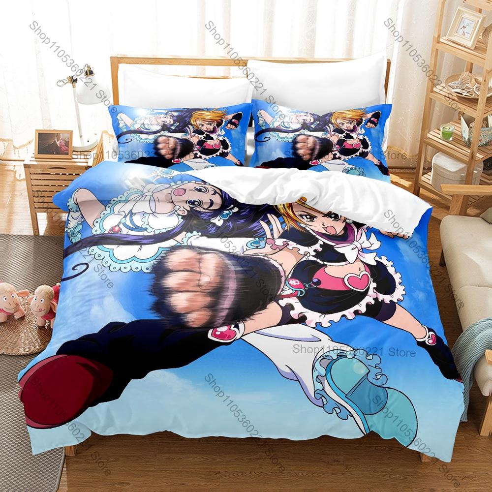 Pretty Cure Duvet Cover + 2 Pillowcases, Cute Magical Girl Anime Print Bedding Set Soft Fabric for Kids & Fans Bedroom Decor