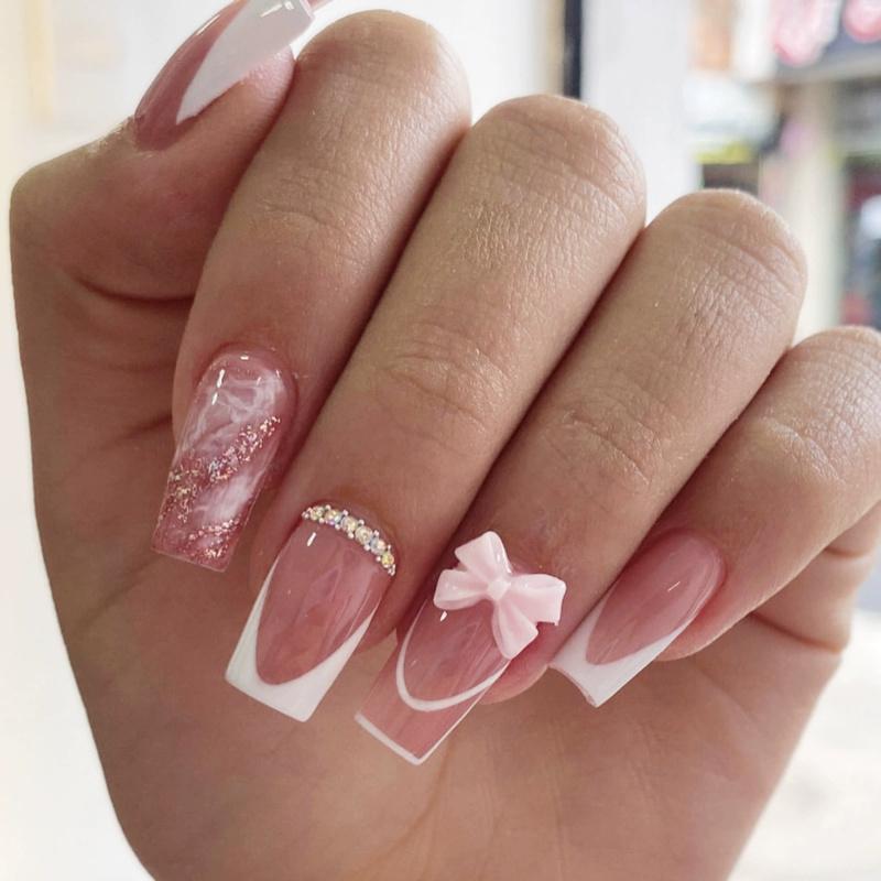 24Pcs Pink Bow Press On Nails Pearl Design Acrylic Nails Ballerina Full Cover French False Nail Tips for Women