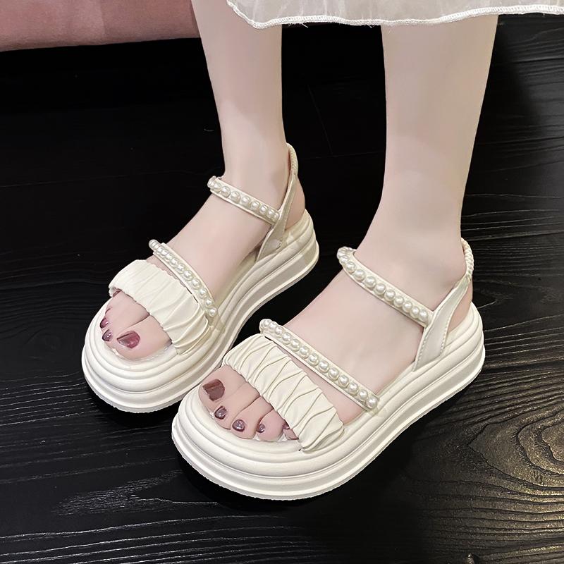 Taoffen Casual Sandals For Women Breathable Exposed Toes Pearl Sandals Lightweight Soft Elastic Band Thick Sole Height Increasing Shoes