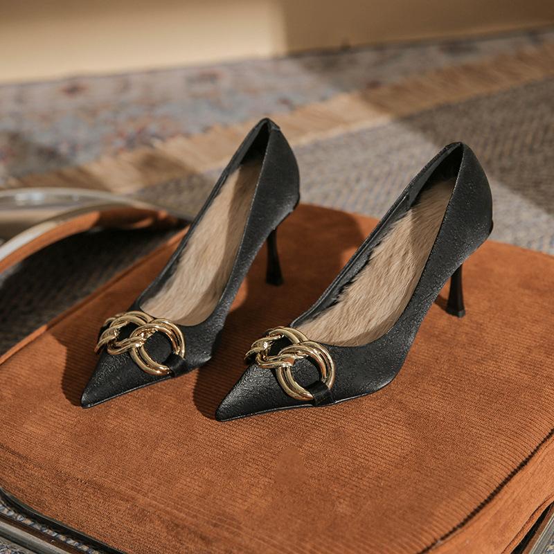 85506 high heels women's spring 2025 new European and American style metal chain pointed head shallow mouth stiletto shoes