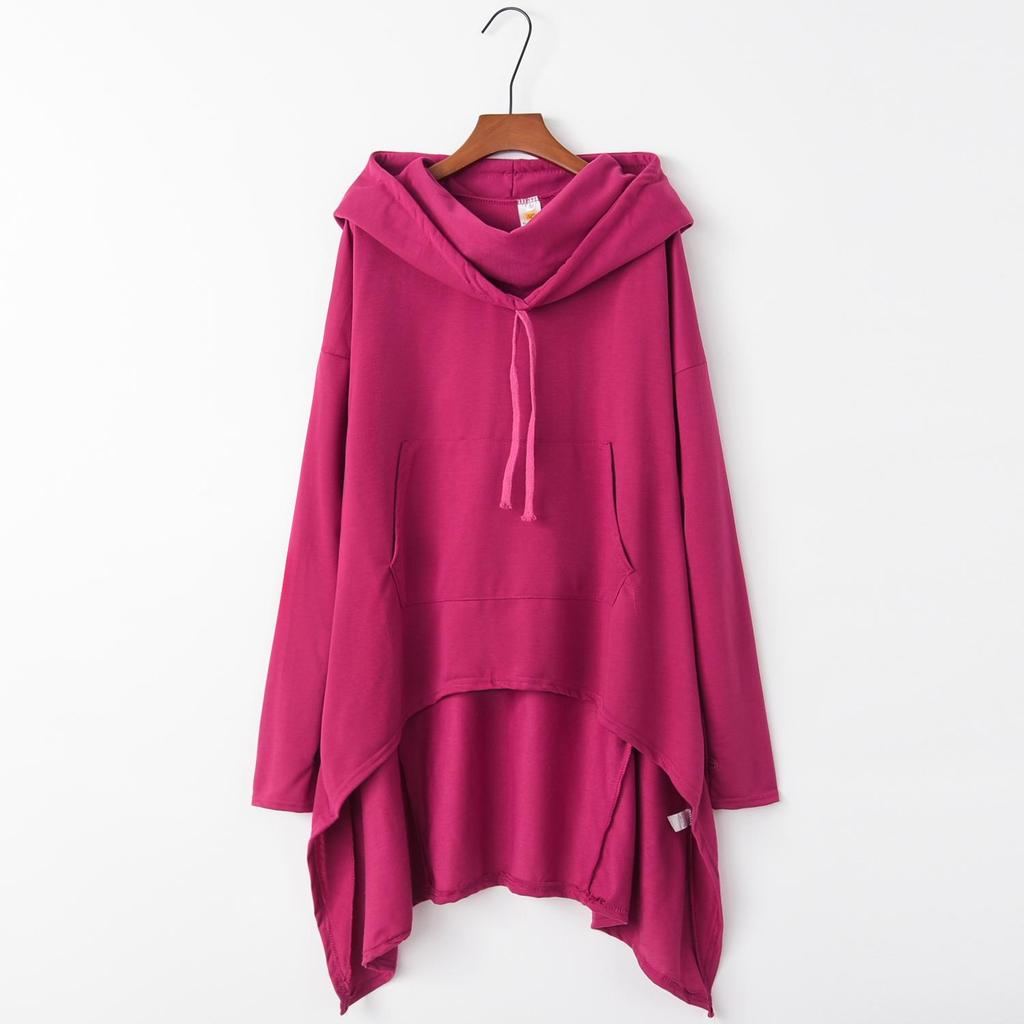 Spring Autumn Solid Color Hooded Irregular Loose Pocket Hoodie