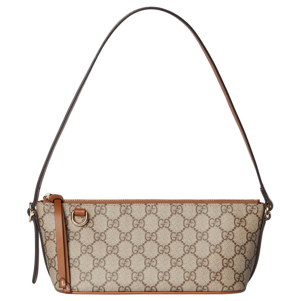 Gucci Torebka na ramię z emblematem GG, jasne złote okucia, tkanina powlekana, mała, damska, beżowo-brązowa, 847281-FAEUC-9758