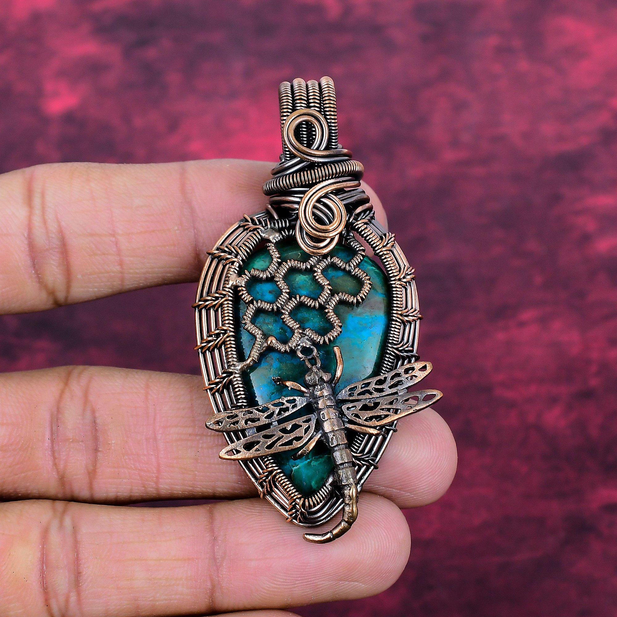Chrysocolla Real Gemstone Pendant Handmade Copper Wire Wrapped Dragonfly Jewelry