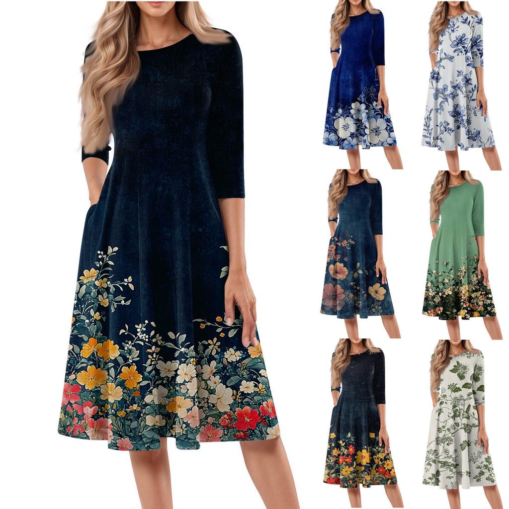 Women's Casual Fashion Round Neck Three-quarter Sleeve Floral Print Midi Dress