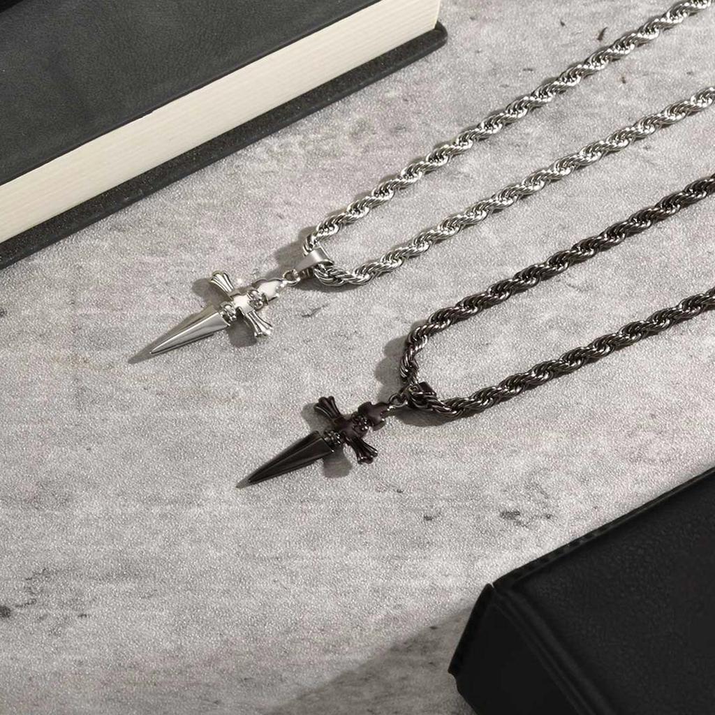 Cool Punk Sword Cross Pendant Necklace for Men Stainless Steel Twist Chain Necklace Fashion Casual Style Jewelry