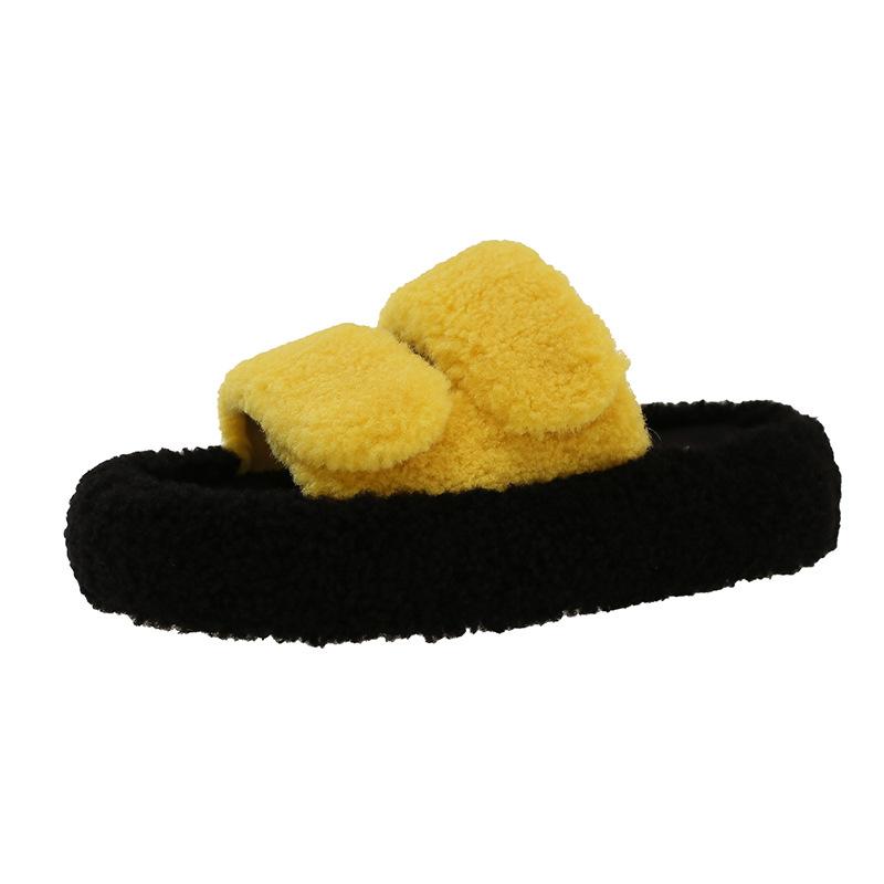 Fairy wind thick-soled fluffy slippers female outer wear 2025 new autumn and winter fashion home plush one-word cotton slippers