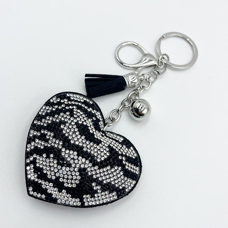 Diamond Zebra Print Heart Keychain with Tassel - Metal Pendant Bag Charm