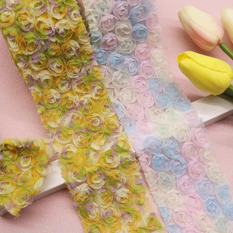 5Yards 3D Rose Flower Embroidered Lace Trim Ribbon Fabric DIY Clothing Accessorie Hand Sewn Wedding Headdress Bow