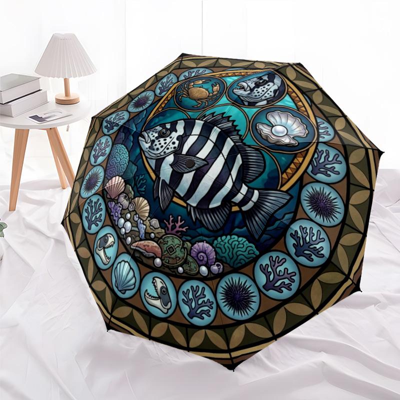 Marine Life Glass Pattern Umbrella, Portable and Foldable Design, 8 Ribs, a Casual Accessory for Halloween, Christmas, and Birthday Gifts.