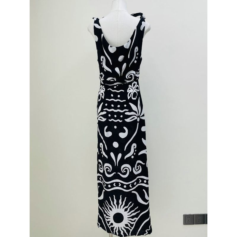 Foreign Trade Original Garment Elements Vacation Artistic Black and White Graffiti Wave Pattern Suspender Skirt Cotton Linen Strap Long dress