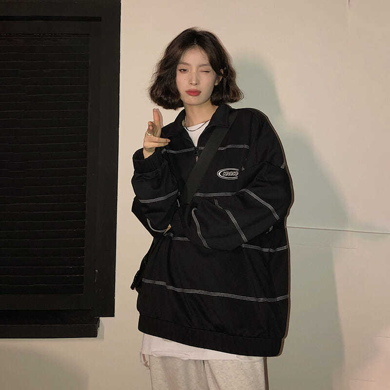 Černá mikina Harajuku Ženy Korejská móda Streetwear Pruhovaná Mikina Vintage Hip Hop Pulovr Estetický oversized