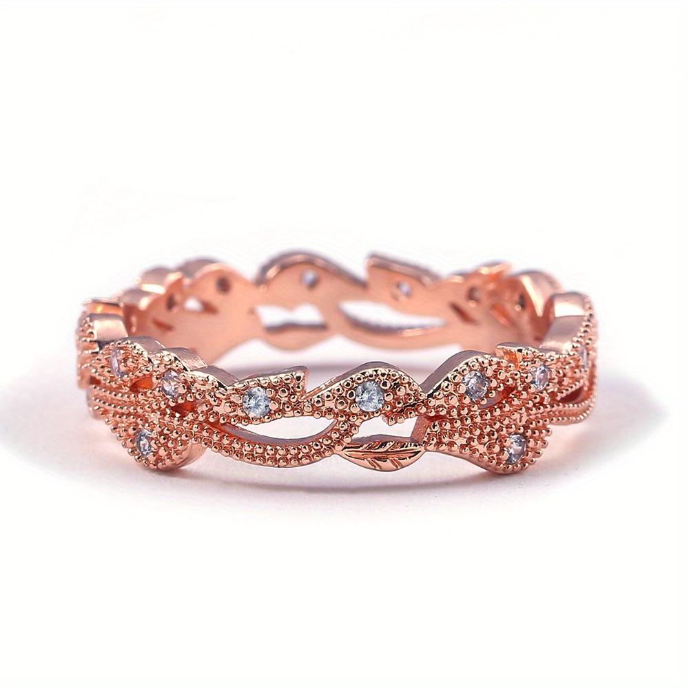 1Pc Leaf Inlaid Synthetic Zircon Ring, Rose Gold Fashion Ring