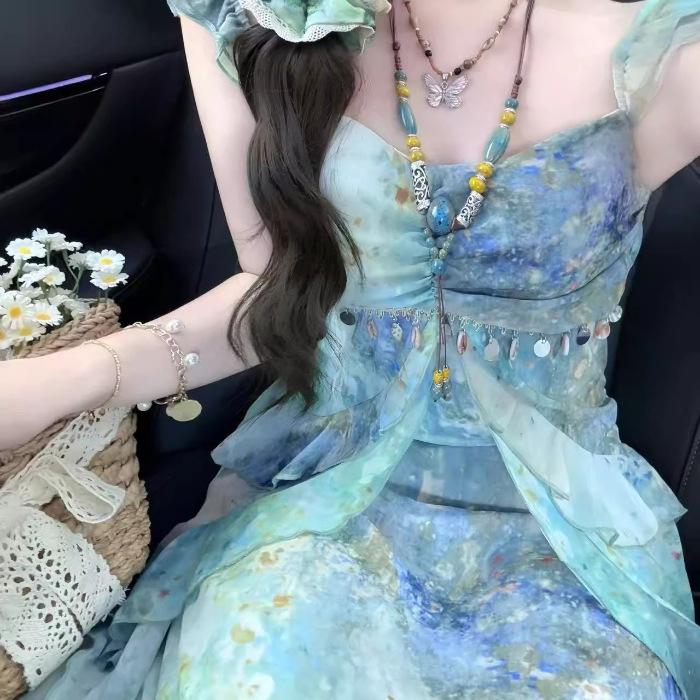 

Girls Seaside Resort Style Cap Sleeve Maxi Dress with Waist-Cinched Skirt - 2026 Summer New Arrival Large