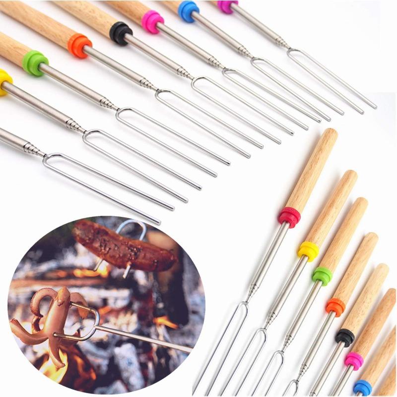 Stainless Steel Telescoping BBQ Fork U-Shaped Hot Dog Skewer with Wooden Handle for Outdoor Grilling Campfire BBQ Use