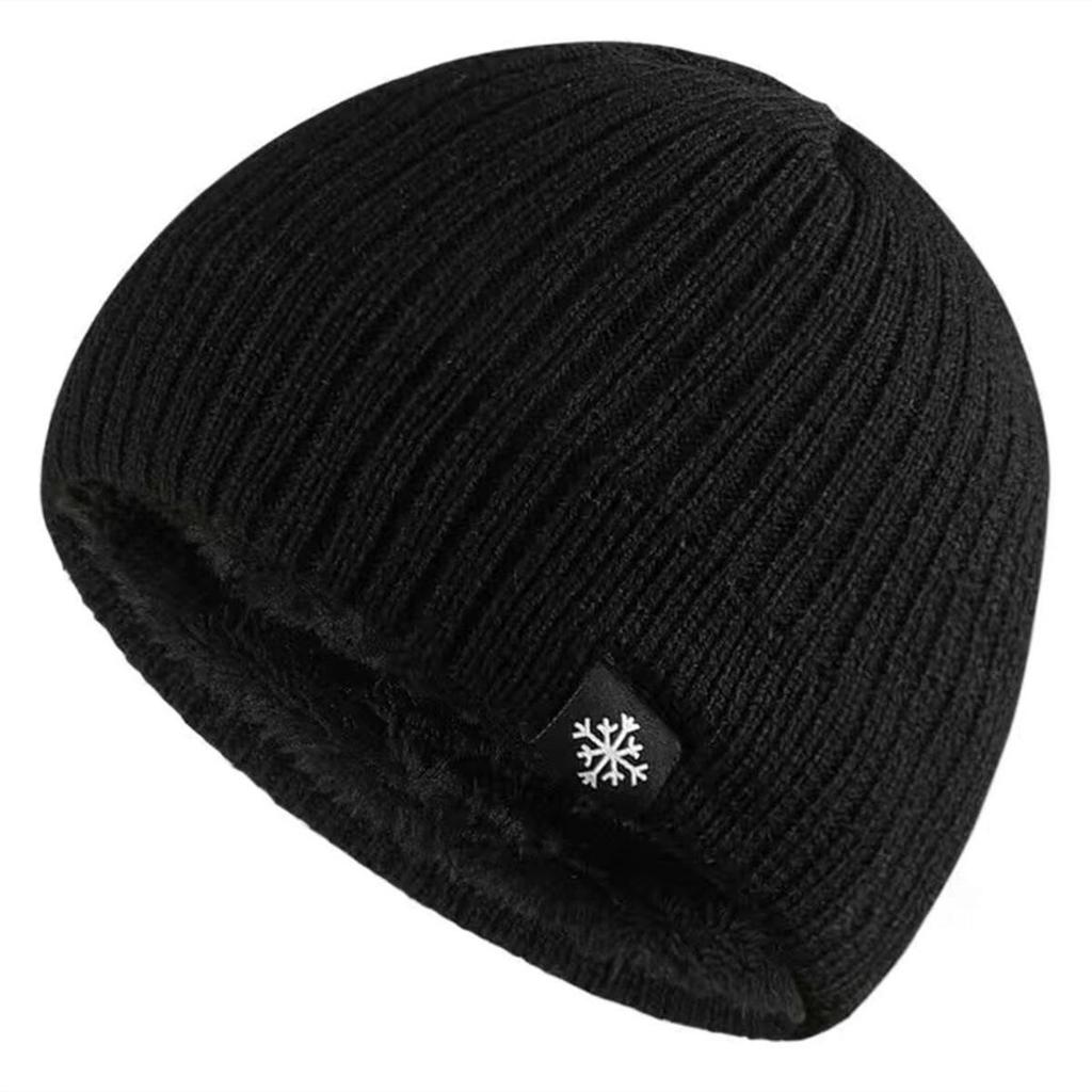 Snowflake Striped Knitted Beanie Hat, Double Layer Fleece Lined Winter Hat, Thick Warm Brimless Cap for Men and Women