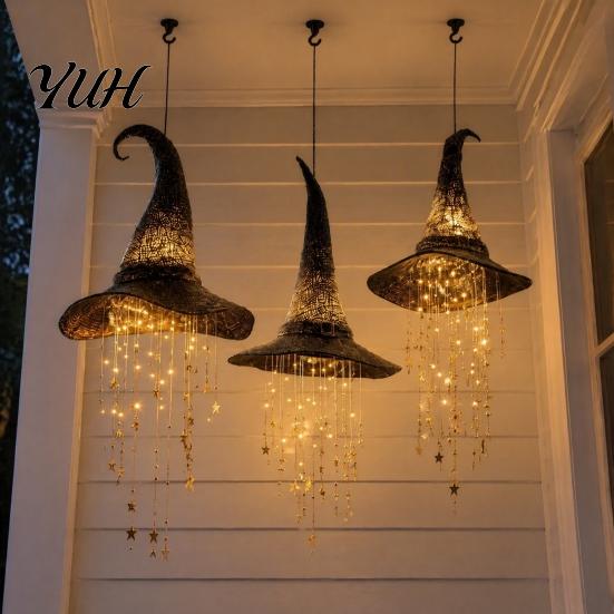 Glowing Star String Lights Light Up Witch Hat Hanging Lamp, Halloween Ornament with Twinkling Seasonal Home Party Supplies Stars Moon, Indoor Outdoor