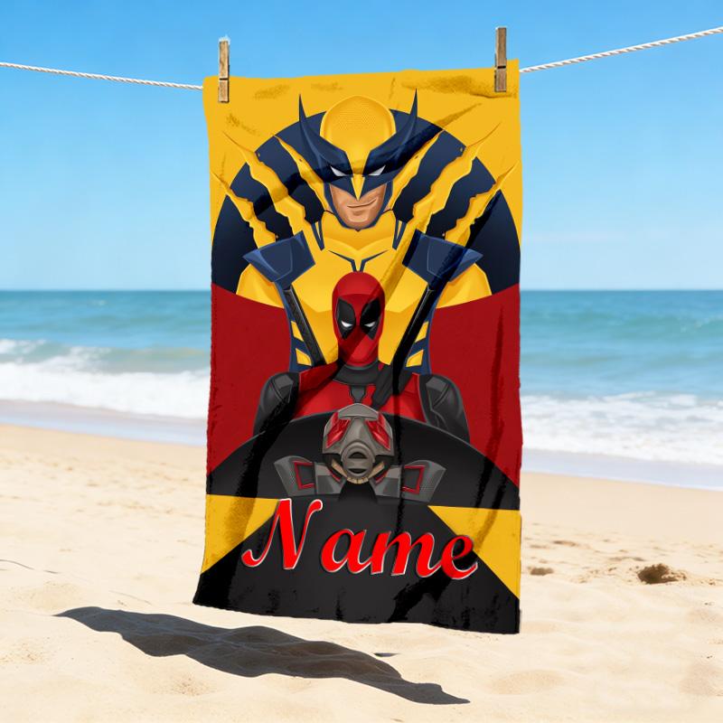 Custom Name Wolverine Deadpool Stylish Digital Printing Beach Towel Quick‑Drying Absorbent Blanket for Beach Pool Gym Travel