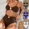 Solid Color High Waist Bikini Set Gold Shell Decor Push Up Ruched Two Piece Swimsuit Summer Beach Vacation Bathing Suit Swimwear