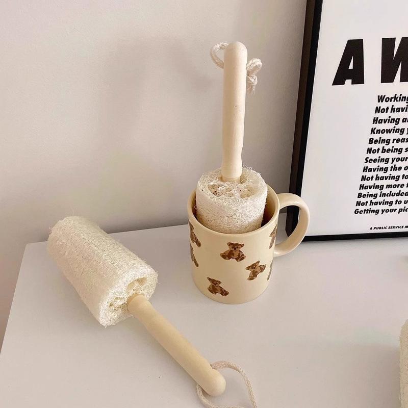 Retro Solid Wood Handle Luffa Dish Brush, Non-Stick Oil Washing, Long Handle for Cups & Pots