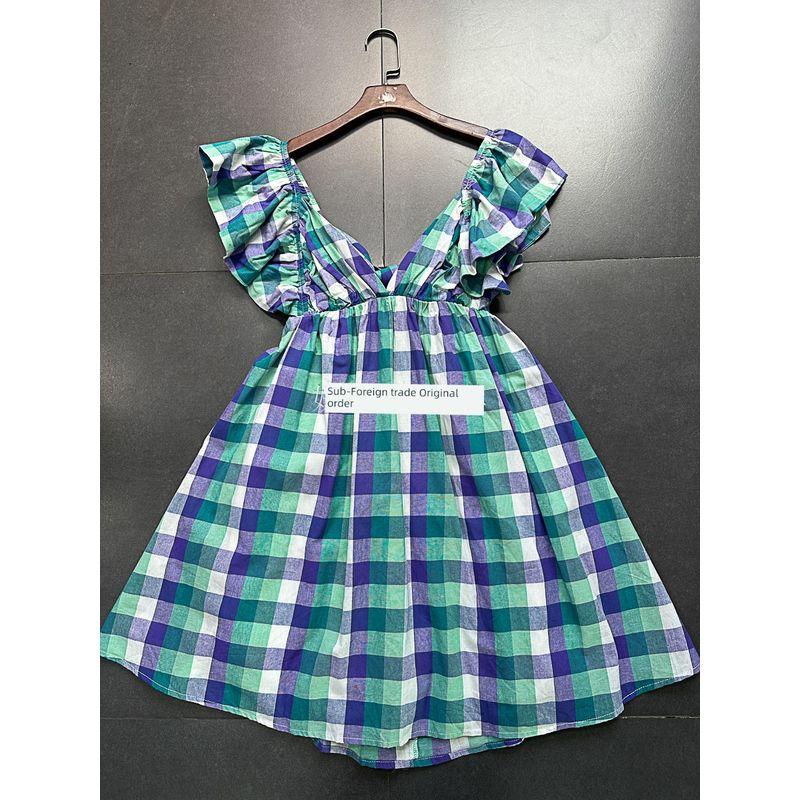 

15 Colors Collection Day + Sexy V-neck High Waist A- line Flying Sleeves Open Back Shoelace Cute Holiday Dress Female Summer No. 14 Green S