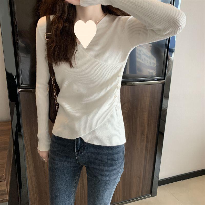 Pullover für Damen Strickpullover Rippstrick V-Ausschnitt Langarm Knopfseite Einfarbig Herbst Winter Basic Outfit Oberteile