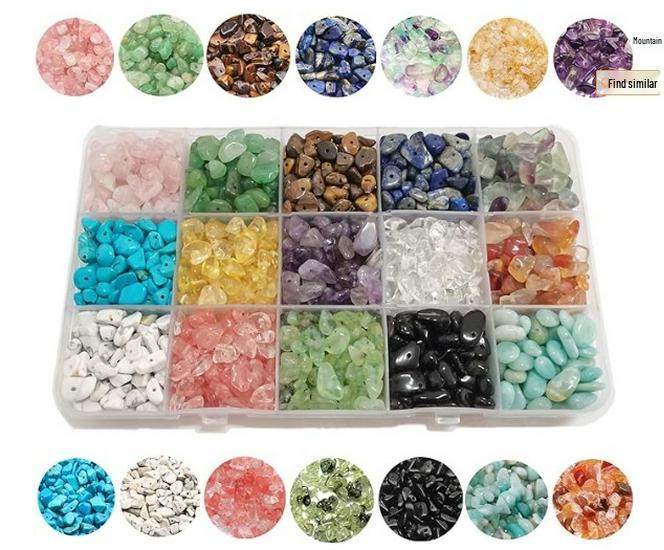 

Набор бусин из дробленого натурального камня: 15 отделений с аметистом, лазуритом, агатом, тигровым глазом, кристаллом, бирюзой и другими