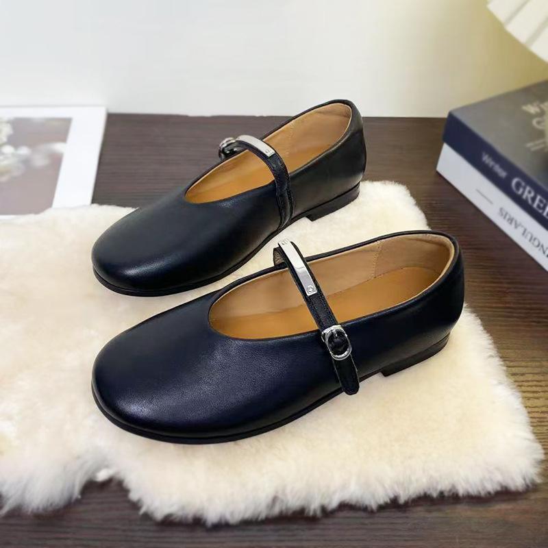 First Layer Cowhide Mary Jane Leather Shoes Women's Spring and Autumn French Temperament Small Leather Shoes Round Head Shallow Mouth One Word Buc