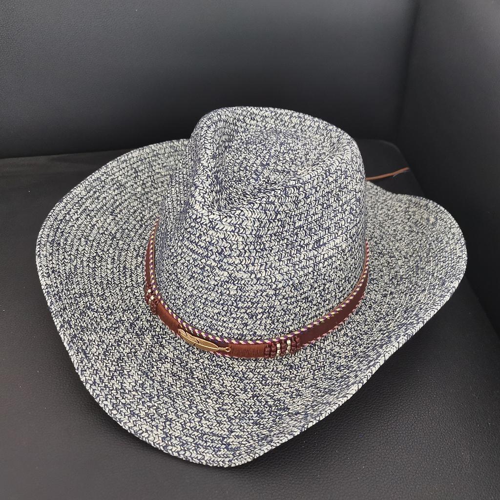 Western Cowboy Sun Hat For Men Cowgirl Summer Hats Straw Sun Protection Beach Hat With Alloy Feather Beads  Panama Cap