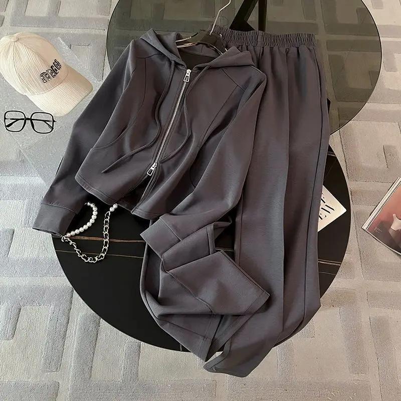 Modny Elegancki Damski Wiosenny Jesienny Kardigan z Kapturem Otwarty Top Spodnie z Szerokimi Nogawkami Luźny Wszechstronny Zestaw Dwuczęściowy Trendy